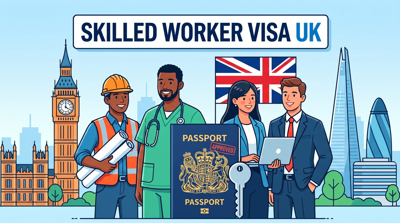 Skilled Worker Visa UK concept illustration featuring diverse professionals, an approved UK passport, a silver key, and London landmarks